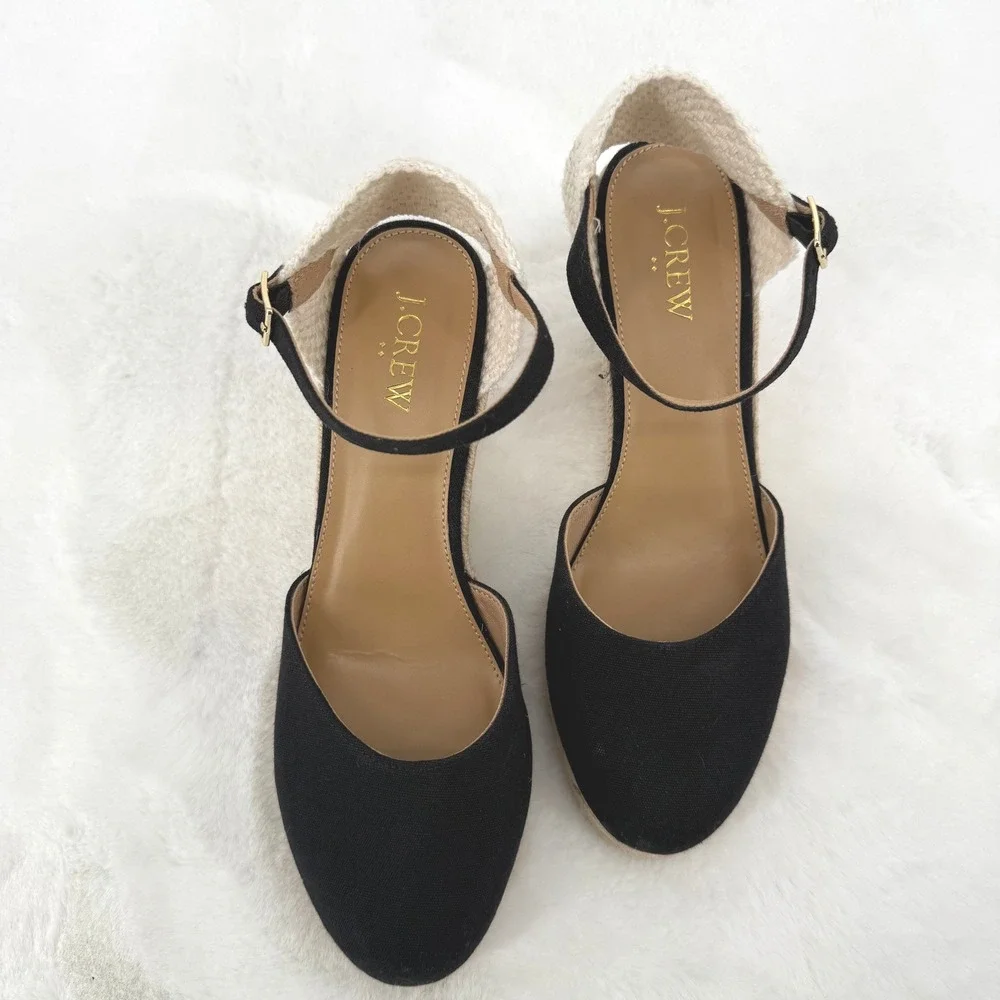 J.Crew Black Canvas Espadrille‎ Wedge Sandals Ankle Strap Women's Size 7.5